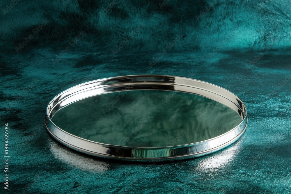 Poster reflective silver tray on teal background showcasing modern design and elegance in a still-life arra
