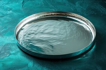 Circular silver tray placed on a textured turquoise surface with gentle reflections in natural light