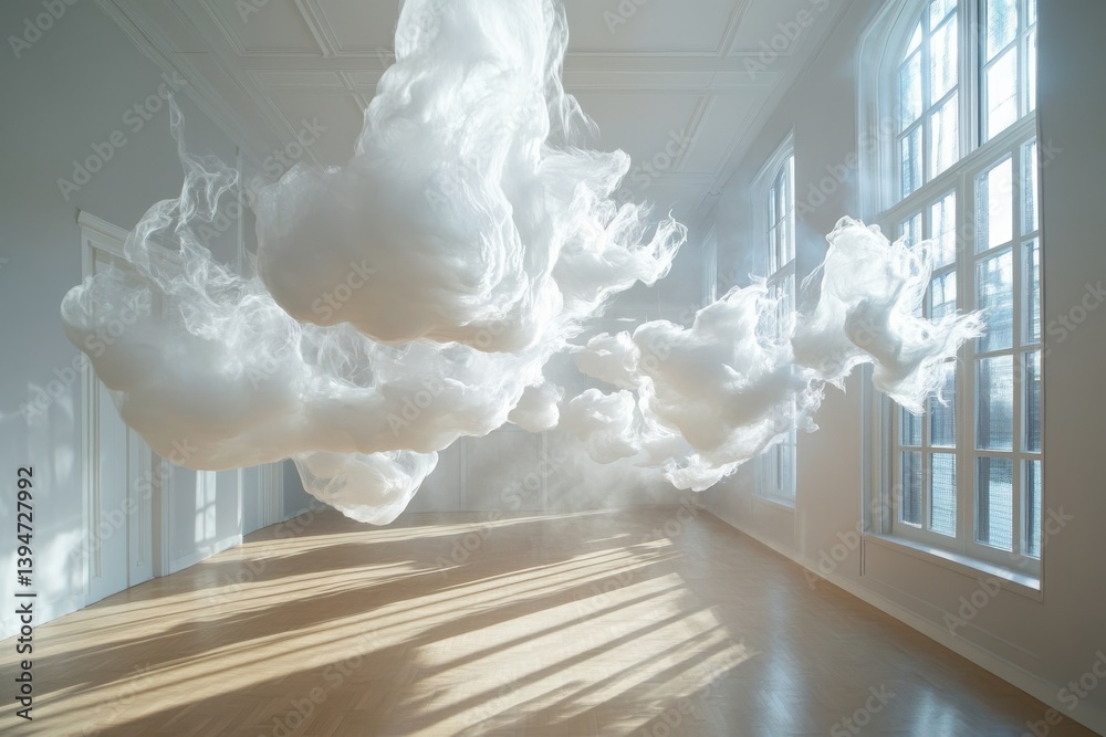 Poster floating clouds create a surreal atmosphere in a bright, spacious room with large windows and wooden