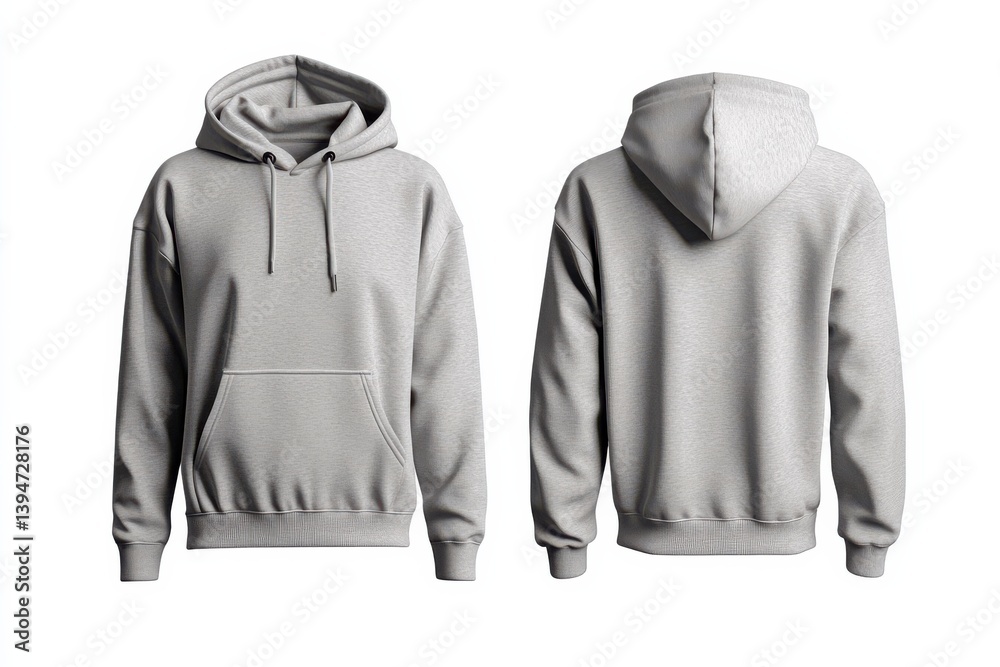 Poster stylish grey hoodie showcasing front and back views with a relaxed fit design for casual wear in any
