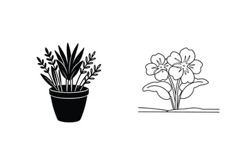 Black And White Line Art Illustration Of Potted Plant And Flowers