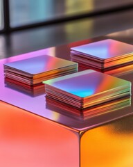 Business cards displayed on a sleek metallic desk with vibrant reflections