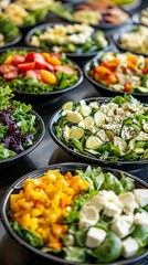 A variety of fresh salads with different dressings and toppings displayed on a table. pic