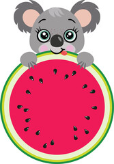 Cute koala eating watermelon slice
