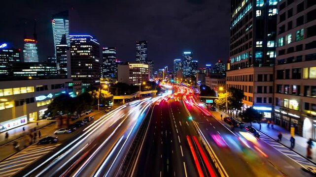 Nighttime city lights illuminate busy streets with moving traffic in a vibrant urban landscape