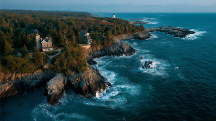 Sunset over a rocky coastline, with waves crashing dramatically, casting shadows on a quaint lighthouse nearb
