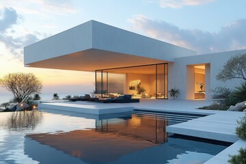 Luxury Modern Villa with Pool Deck in Tranquil Garden Setting at Golden Hour