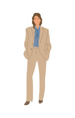Young business woman wearing formal beige suit. Pretty lady boss in office outfit. Cartoon female character Hand drawn flat Vector illustration isolated on white background.