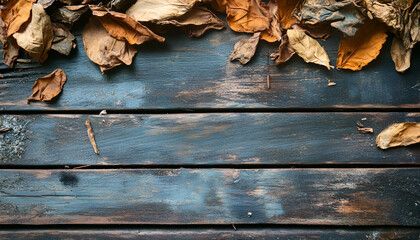 Tobacco, dried leaves on wooden table, top view