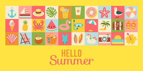 A colorful poster with various beach and summer-related images, including a unicorn, a camera, a boat, and a palm tree. The poster reads 