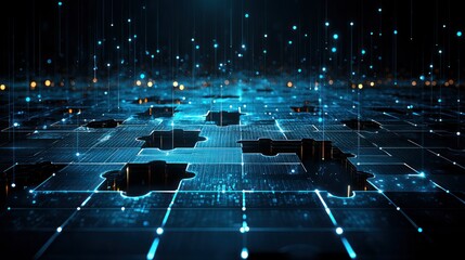 Circuit grid with digital data flow and scattered bright specks of light