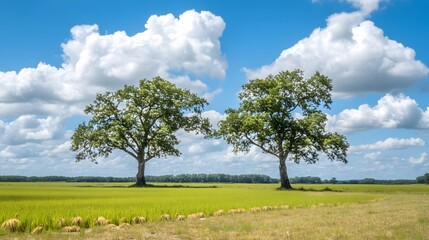 Fototapeta premium Two Majestic Trees in Rice Paddy Field under a Blue Sky with Fluffy Clouds