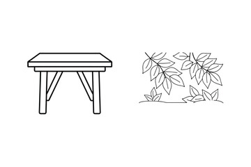 Simple Outline Drawing Of A Table And Some Leaves On White Background