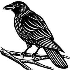 Obraz premium vector silhouette of a crow perched on a branch, bold lines, white background 