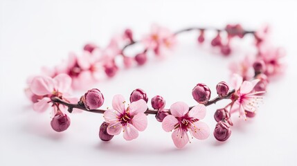 Cherry blossom branch with pink flowers, isolated on white background, symbolizing springtime. 