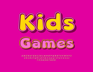 Vector Cute icon Kids Games. Children Pink and Yellow Font. Bright Round Alphabet Letters and Numbers.