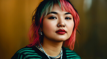 Edgy Portrait of Young Woman with Multicolored Hair and Piercings