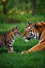 Obraz premium there are two tigers that are standing in the grass together