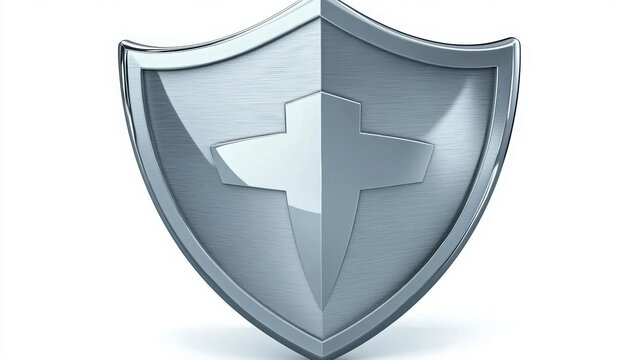 metallic shield symbol representing protection and security, featuring sleek design with cross emblem. This conveys strength and reliability in safeguarding data and privacy