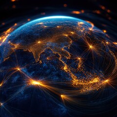 Conceptual Art of Earth Illuminated by Data Lines Representing Global Air Routes and Connections