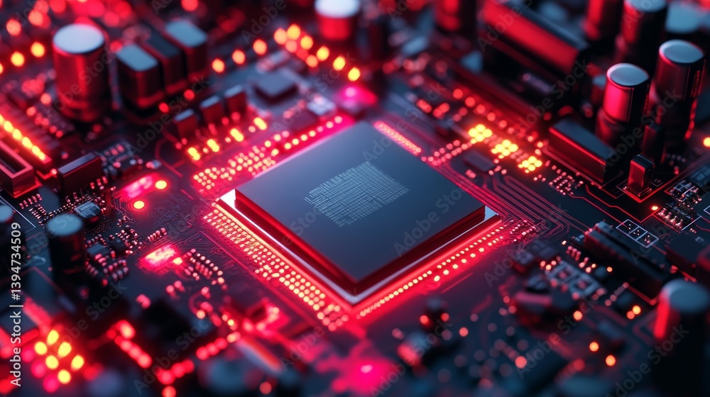Poster advanced microprocessor technology - close-up view of a powerful microprocessor on a circuit board, 