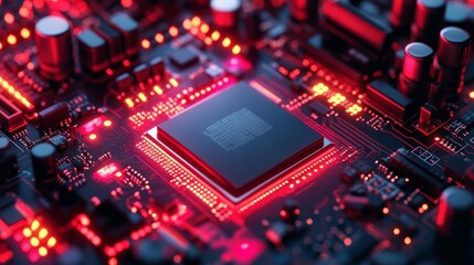 Advanced Microprocessor Technology - Close-up view of a powerful microprocessor on a circuit board, illuminated with red lighting. High-tech technology concept