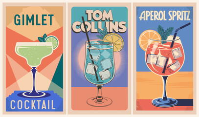 Cocktails retro poster set. Gimlet, Tom Collins, Aperol Spritz. Collection of popular alcohol drinks. Vintage flat vector illustrations for bar, pub, restaurant, kitchen wall art print