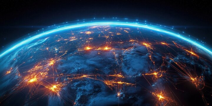 Planet Earth with Vibrant City Lights and Luminous Air Route Network in Cyberpunk Style 3D Rendering Middle East