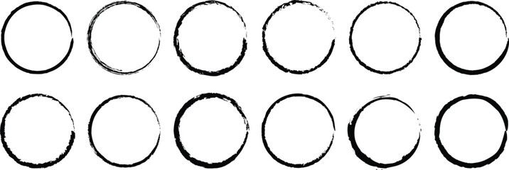 Set of Hand-Drawn Textured Circle Frames vector illustration. Textured brush stroke ink outline shape vector illustration