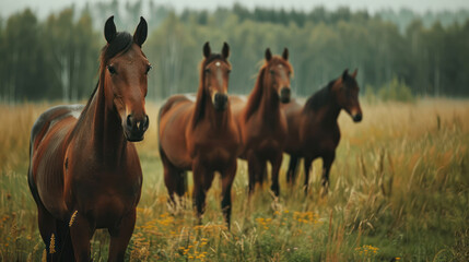 Fototapeta premium Crowd of brown horses standing on meadow in summer time.