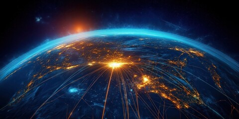 Obraz premium Glowing Air Route Network Connecting Earth Over Pacific Ocean with Detailed Terrain Relief in 3D Digital Art
