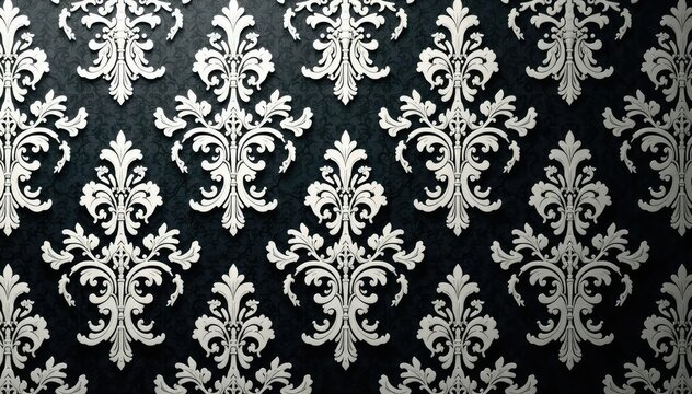 Classic damask design featuring repeating arabesque motifs in grayscale , background, grayscale