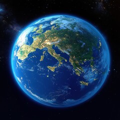 Aerial View of Europe from Satellite Perspective Overlooking Oceans and Landmasses