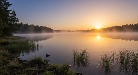Fototapeta premium Misty Sunrise Lake Calm Water Golden Hour Forest Reflection