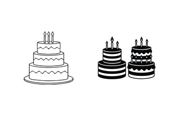 Three Tiered Birthday Cake Vector Outlines And Black Silhouettes With Candles