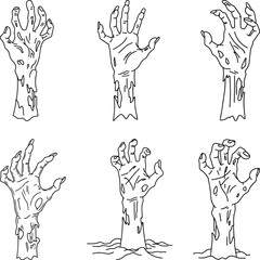 Set of Six Zombie Hands – Halloween Line Art Vector Collection