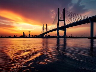 Obraz premium Sunset Bridge Silhouette with Rippling Water