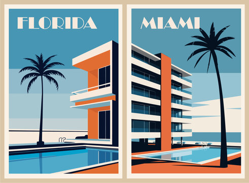 Miami, Florida, USA travel destination poster in retro style. Vector art illustrations