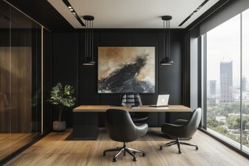 Fototapeta premium Modern, sophisticated office space with a dark, elegant aesthetic. Large windows offer city views. 