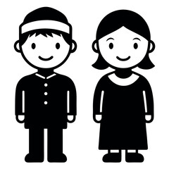 Simple black and white cartoon illustrations of Muslim children, boys and girls, dressed in traditional clothing.