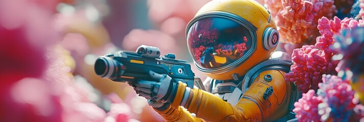 Cyberpunk Astronaut in Coral Reef - A futuristic astronaut, clad in yellow, explores a vibrant coral reef, wielding a high-tech weapon. The scene blends science fiction and nature