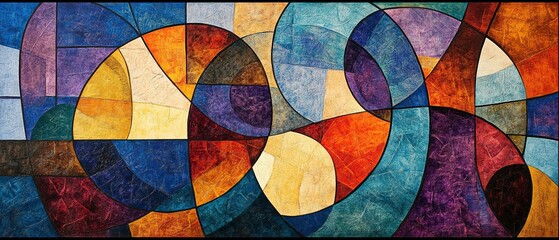 Fototapeta premium Abstract artwork featuring vibrant, textured colors and geometric shapes, reminiscent of stained glass. Perfect for modern interior design or corporate settings.