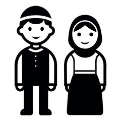 Simple black and white cartoon illustrations of Muslim children, boys and girls, dressed in traditional clothing.