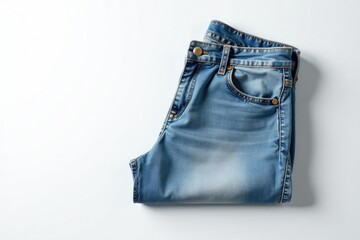 Classic light wash denim jeans, neatly folded on white backdrop , fashion, wash, texture
