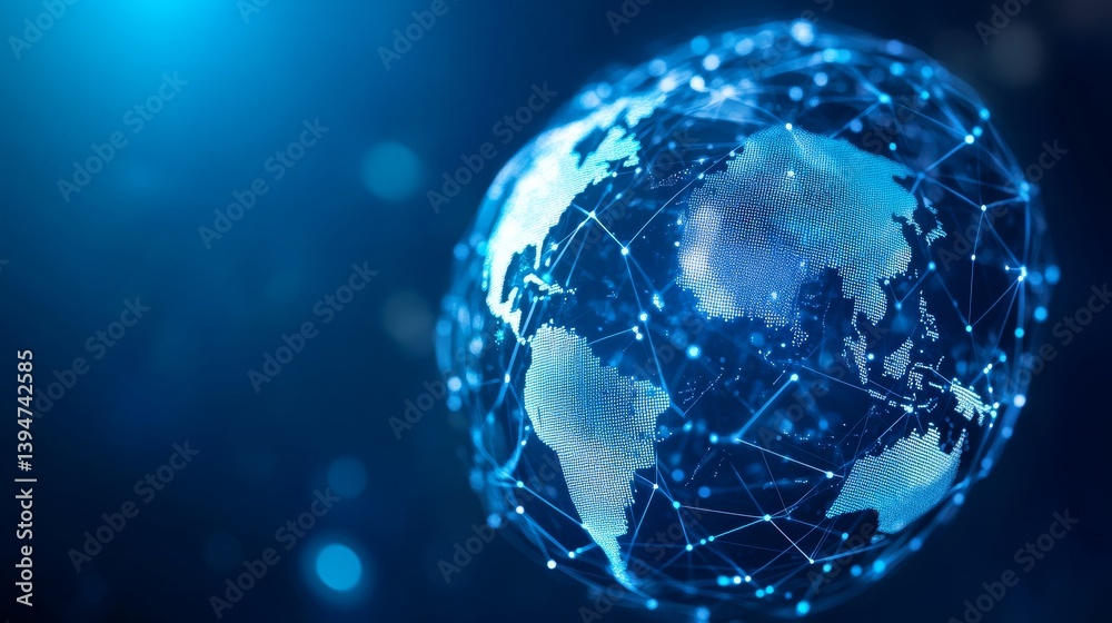 Poster global network connection - a globe connected by a network of lines, symbolizing global communicatio