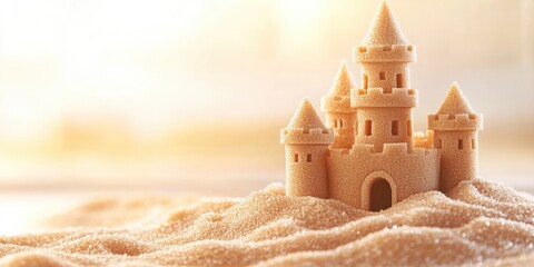 Detailed sandcastle with multiple towers on a sandy surface, softly lit with a blurred, warm background suggesting a beach setting. Use for travel blogs, summer themes, and childhood memories.
