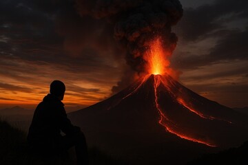 Volcano eruption silhouette at sunset.