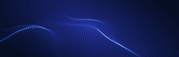 Wave of flowing particles on a dark background. Abstract backdrop with dynamic elements of waves and dots. Vector
