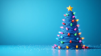 Fototapeta premium Creative Decorative Christmas Tree Made of Blue Cable with Festive Lights
