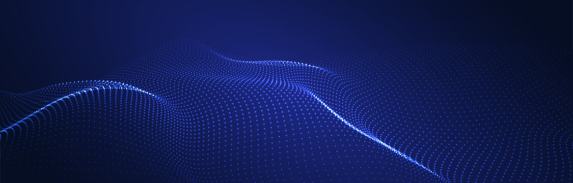 Wave of flowing particles on a dark background. Abstract backdrop with dynamic elements of waves and dots. Vector